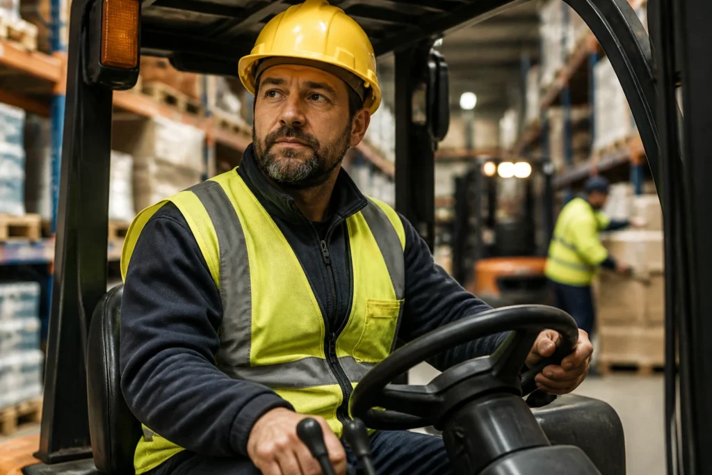 Forklift operator in a warehouse considering pay range