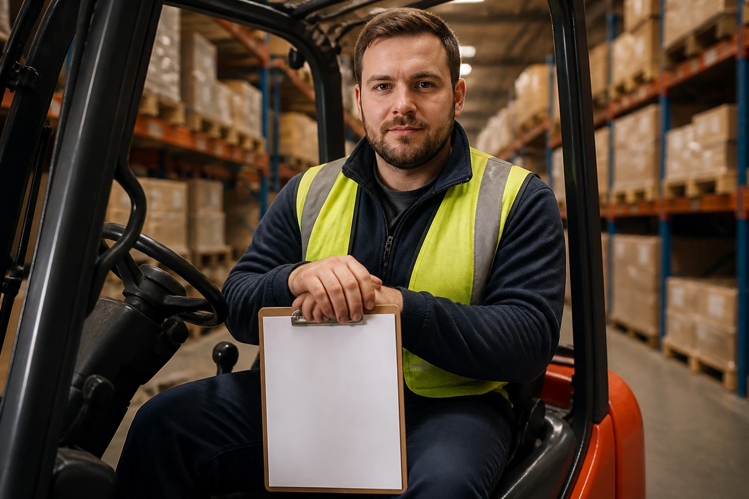 Forklift operator in warehouse holding a blank clipboard, representing resume strength