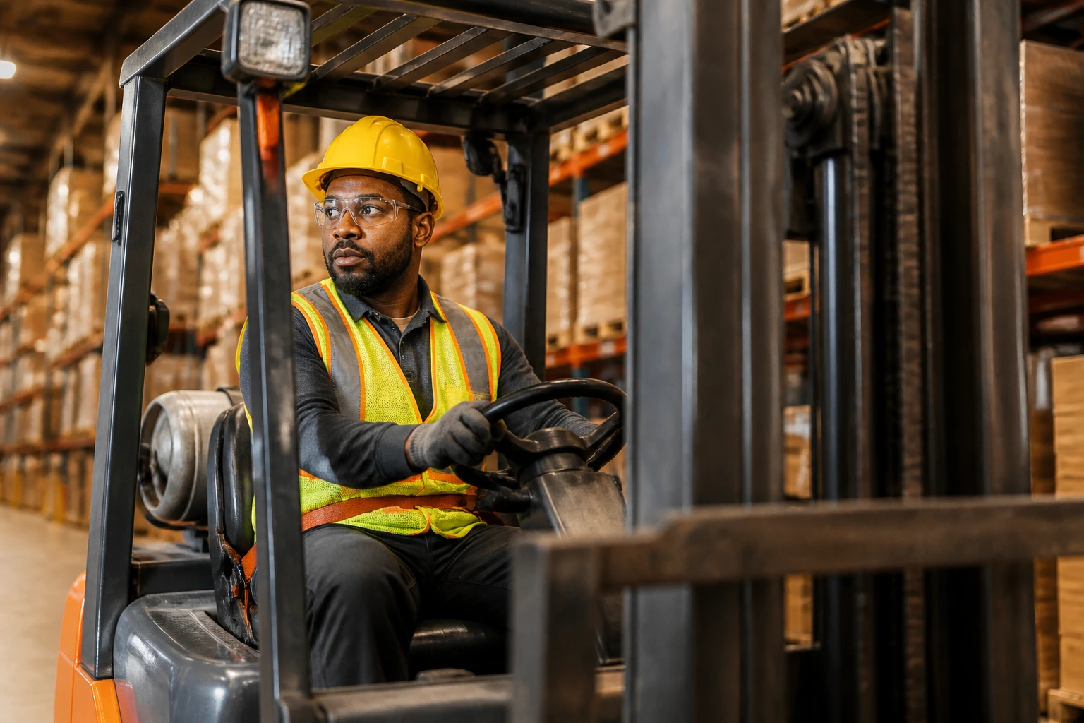 Portrait of a safe forklift operator in a safety vest and hard hat in a warehouse cab