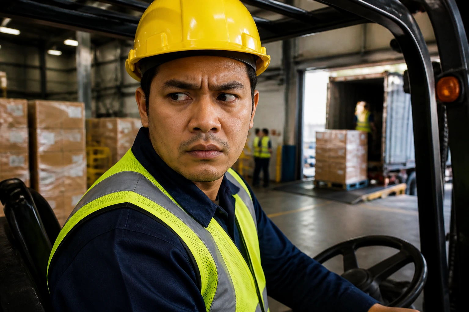 Wary forklift applicant in a busy warehouse signaling caution about scams