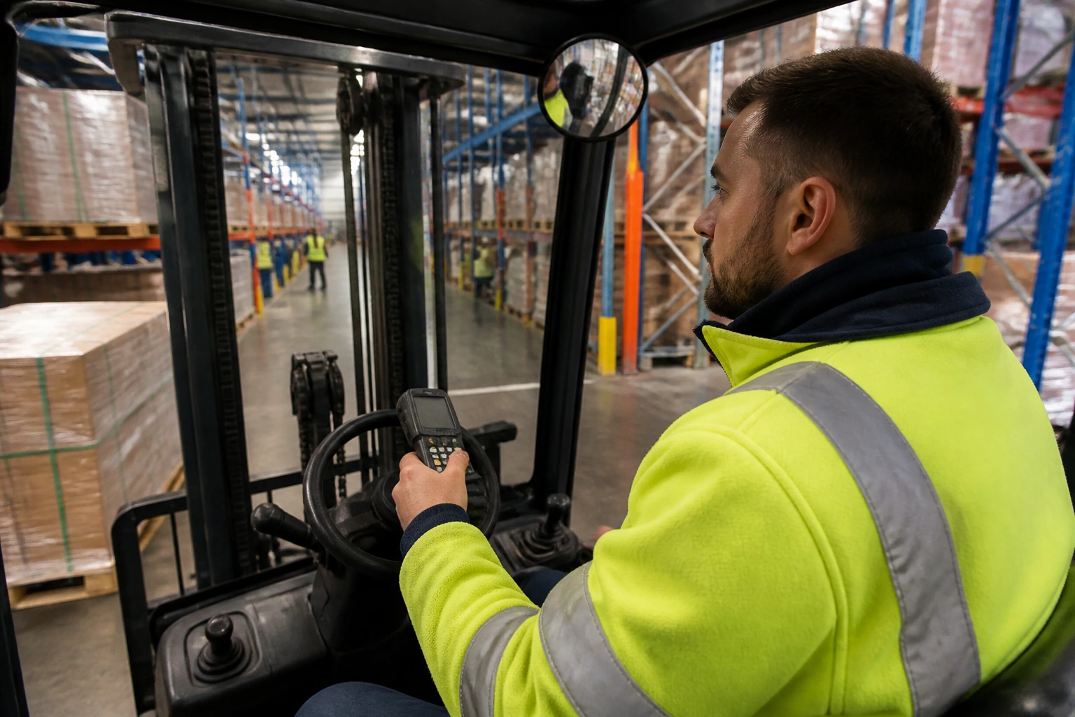 Forklift operator inside cabin during a typical British warehouse shift