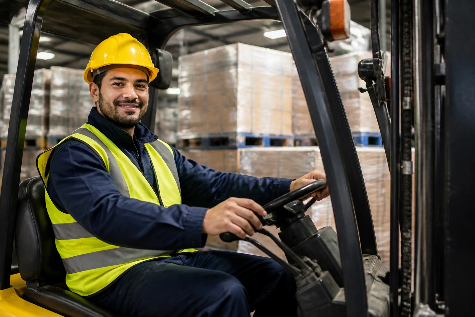 Forklift operator demonstrating essential skills on factory floor