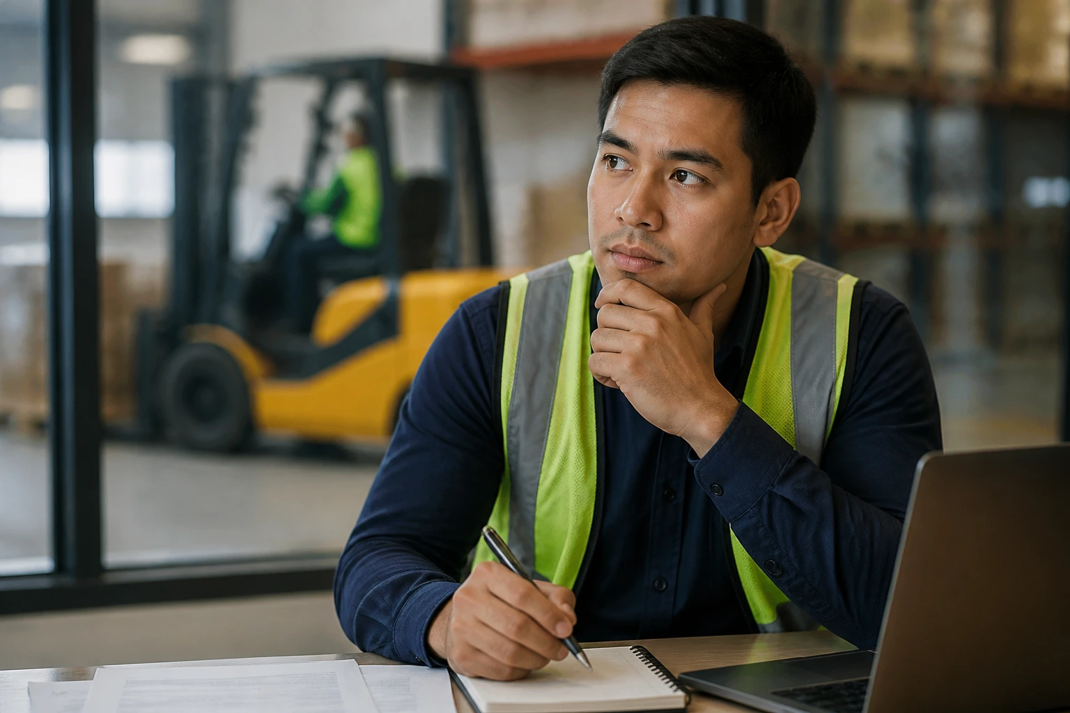 Thoughtful worker in a warehouse setting considering sponsorship questions