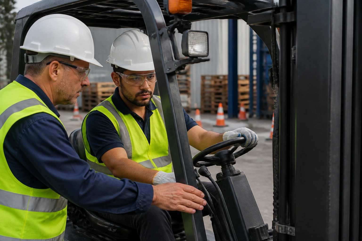 Operator in training yard with instructor demonstrating forklift operation.