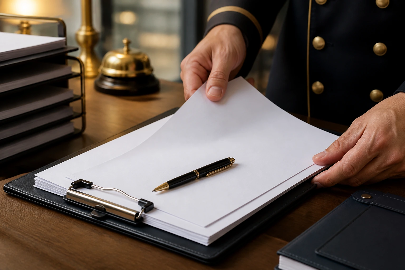 Close-up of hands sorting blank forms on a clipboard for hotel job offer paperwork