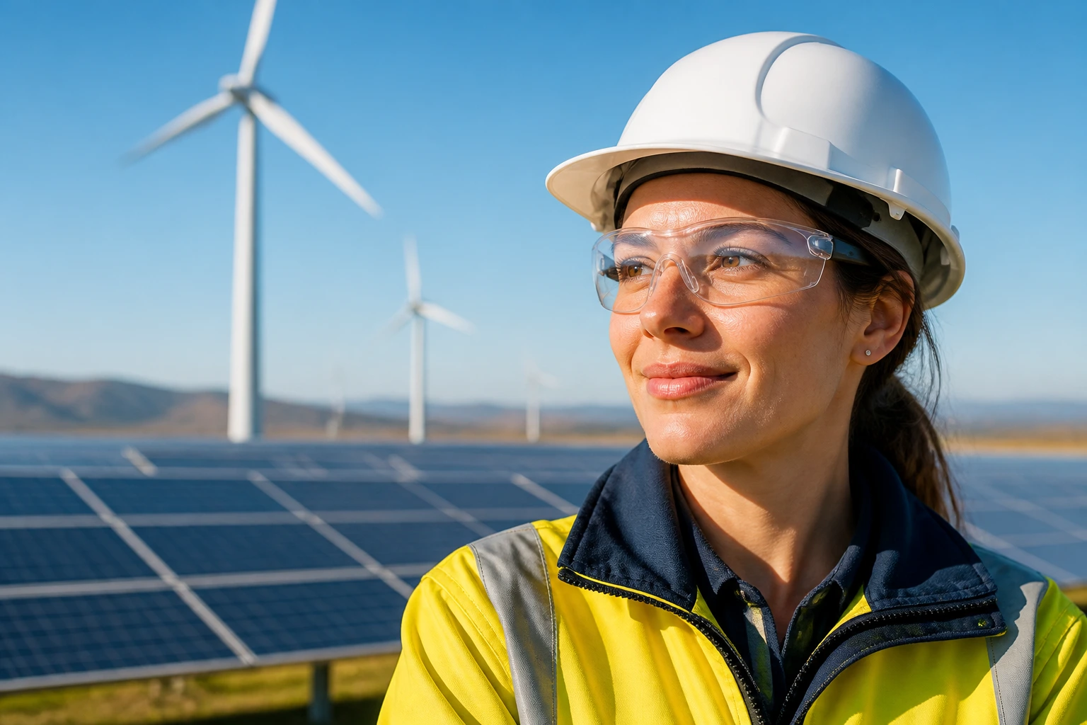 Close-up portrait of a female engineer in PPE at a renewable energy site