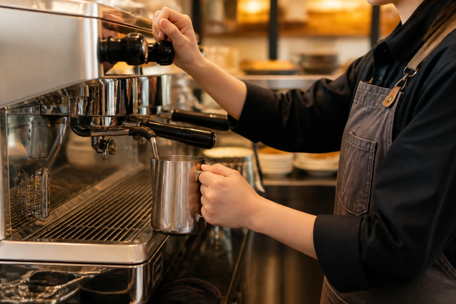 Barista hands on espresso machine at a generic cafe counter