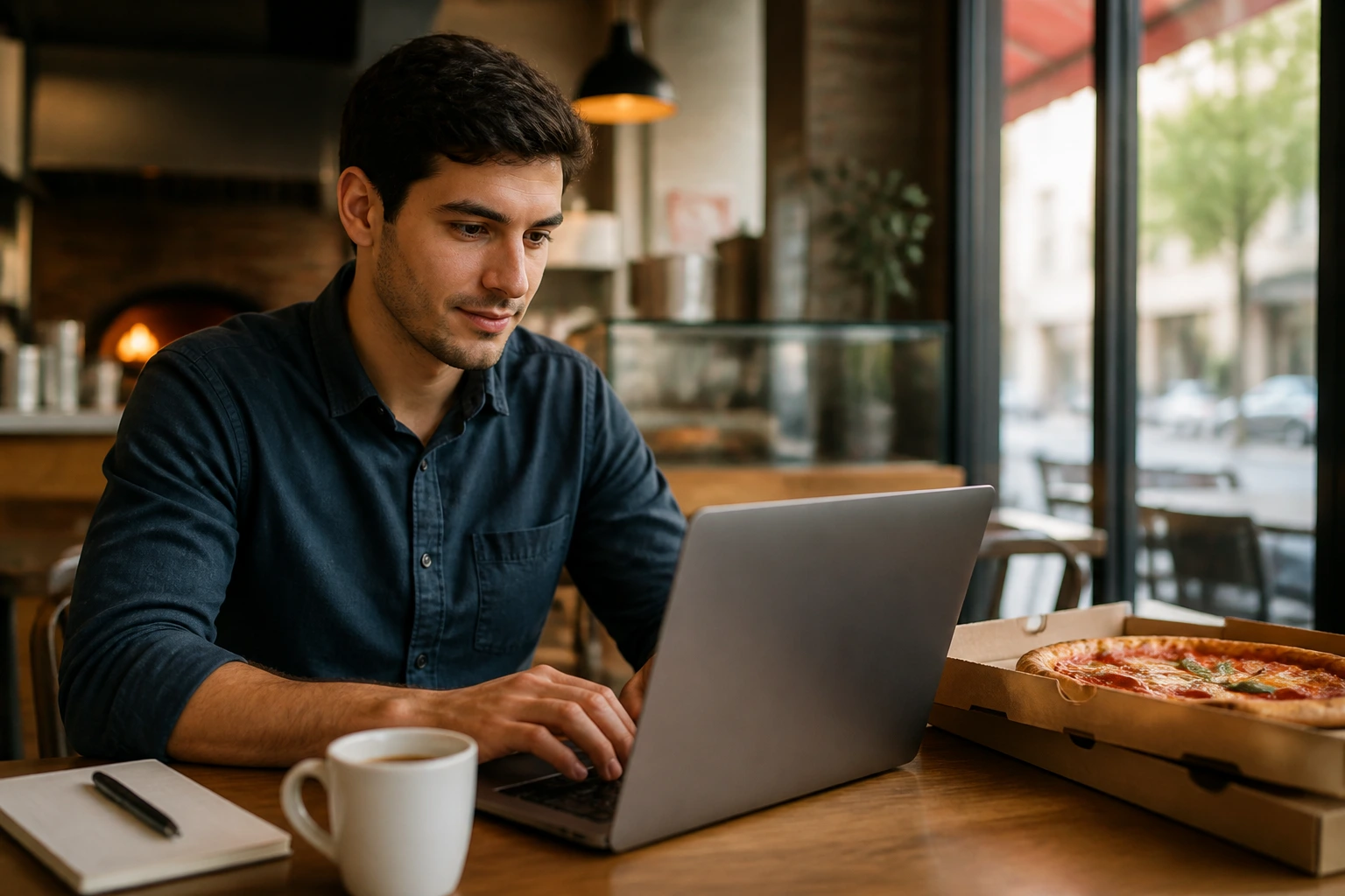 Person typing on laptop at cafe for outreach