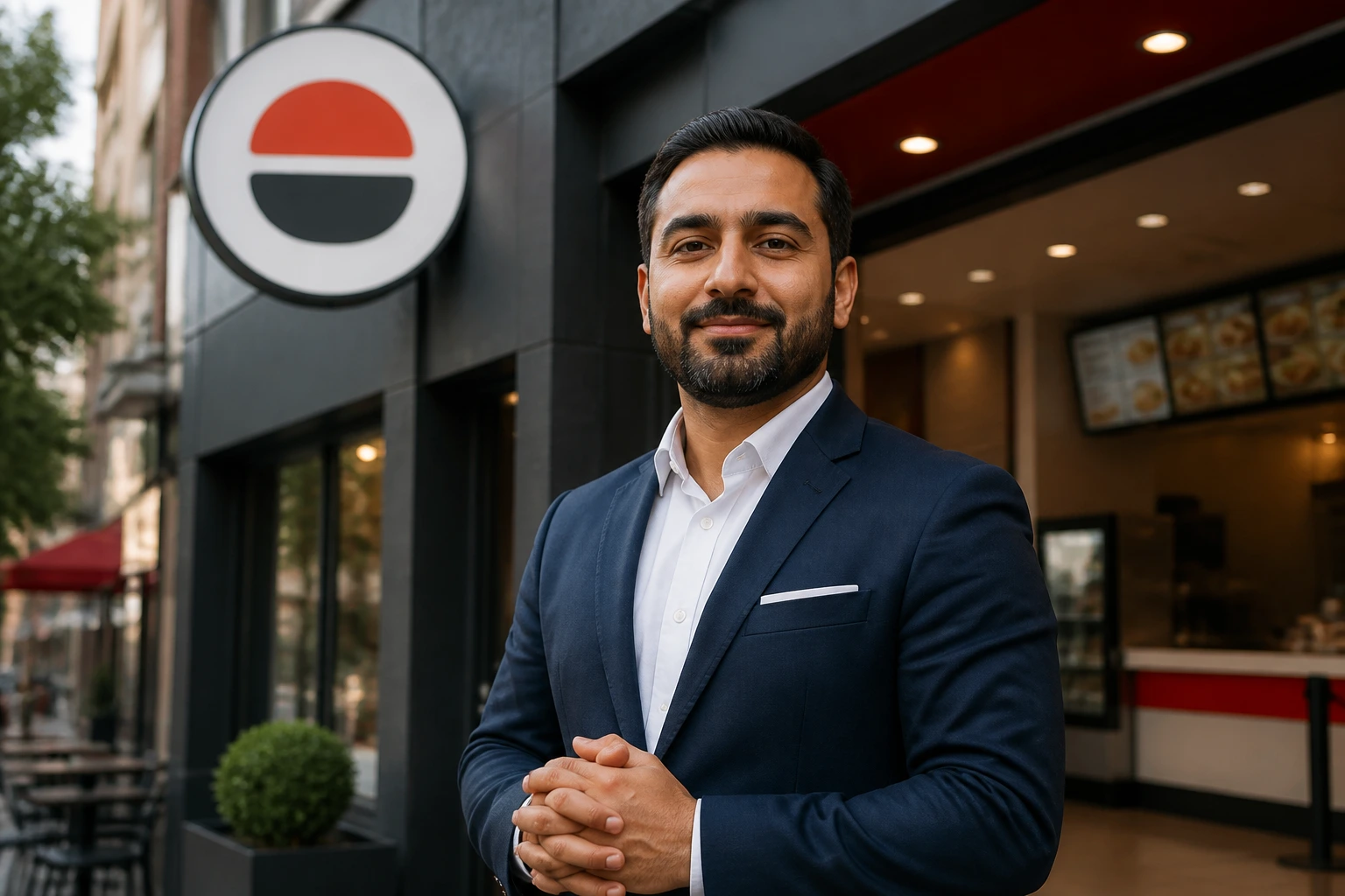 Portrait of a franchise owner in front of a storefront illustrating ownership influence on job search.