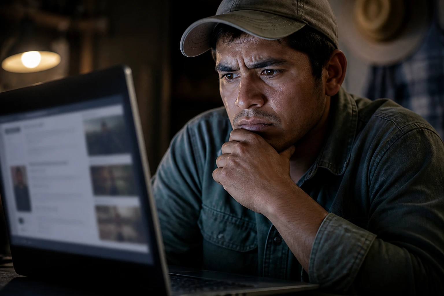 Worker flags suspicious online job offer while examining a laptop screen.