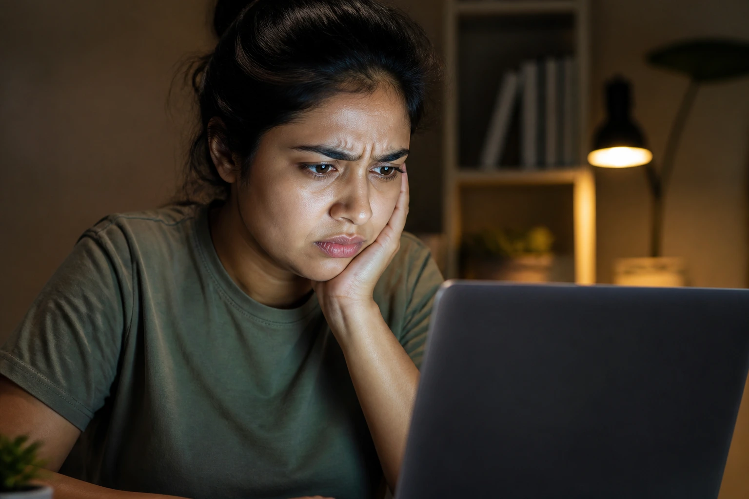 Wary applicant assessing sponsorship offer on laptop