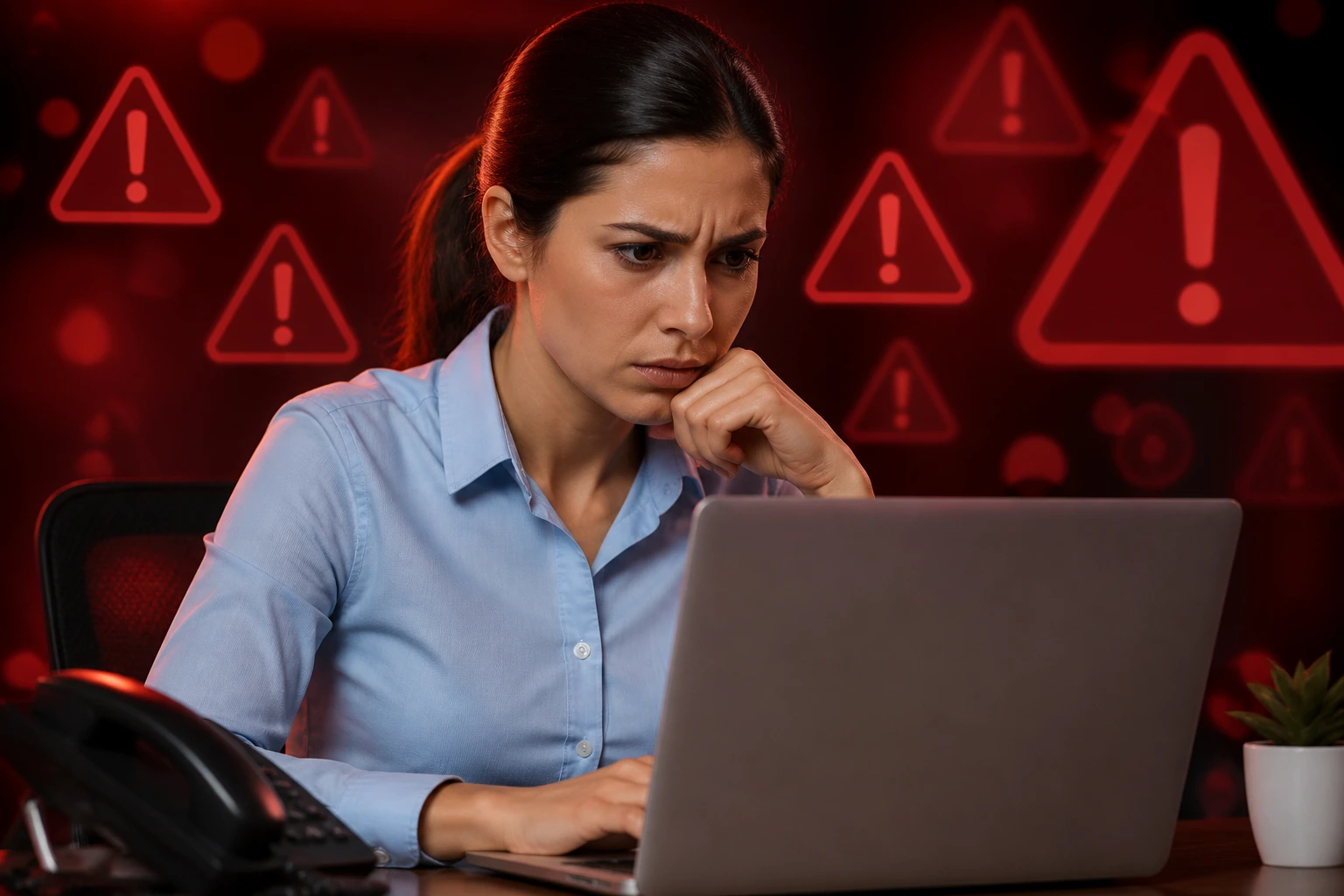 Concerned candidate at desk reacting to warning icons suggesting scam offers.