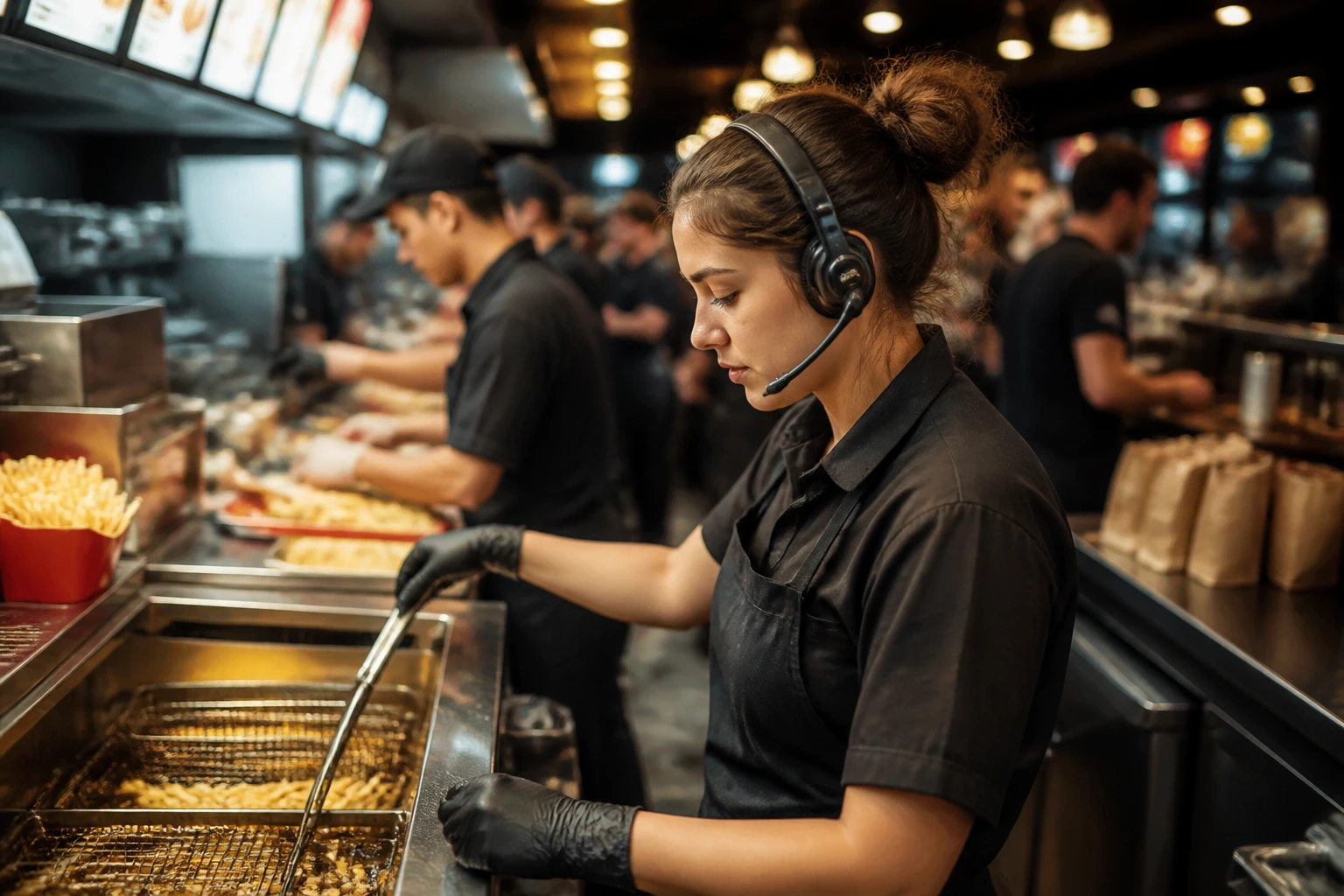 Worker handling a busy dinner rush in fast-food kitchen