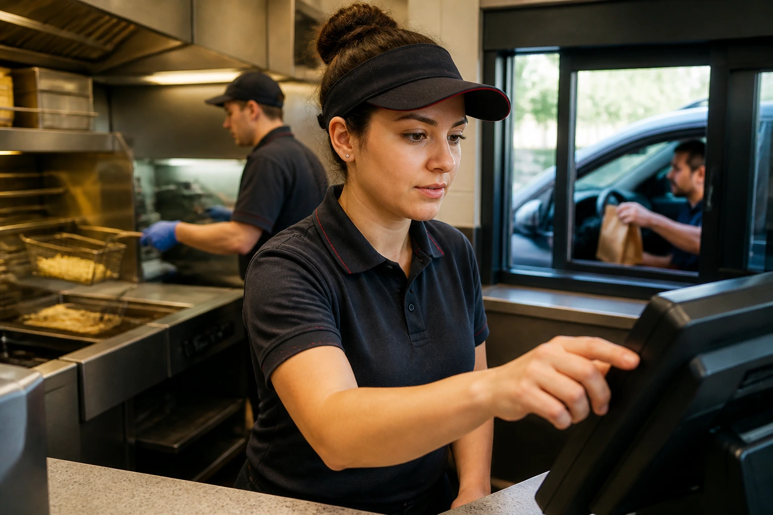 Close-up of a real fast-food crew member at the front counter with fryer and drive-thru in the background.