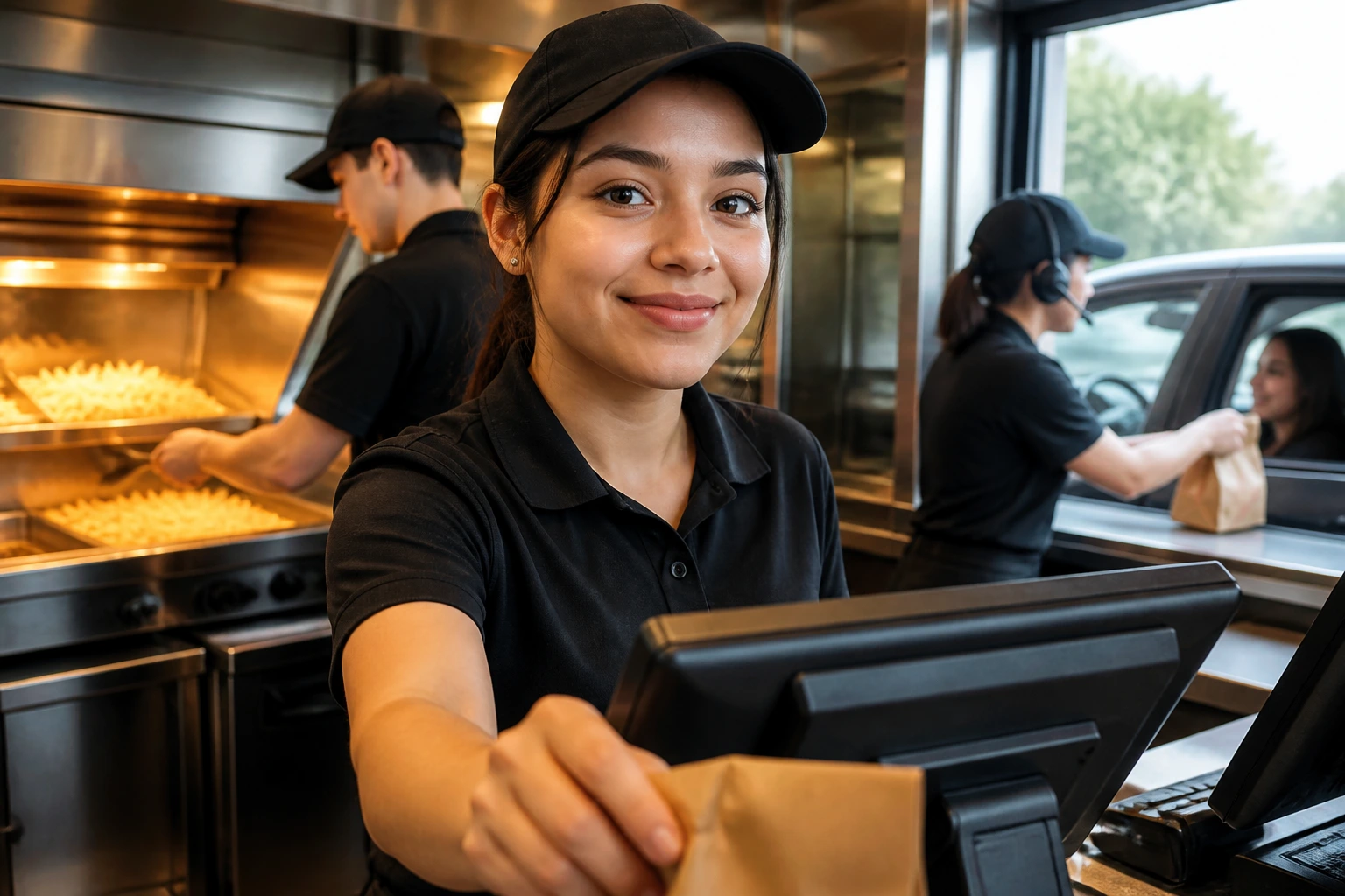 Close-up portrait of a fast-food crew member at the front counter with fry station and drive-thru window in the background.