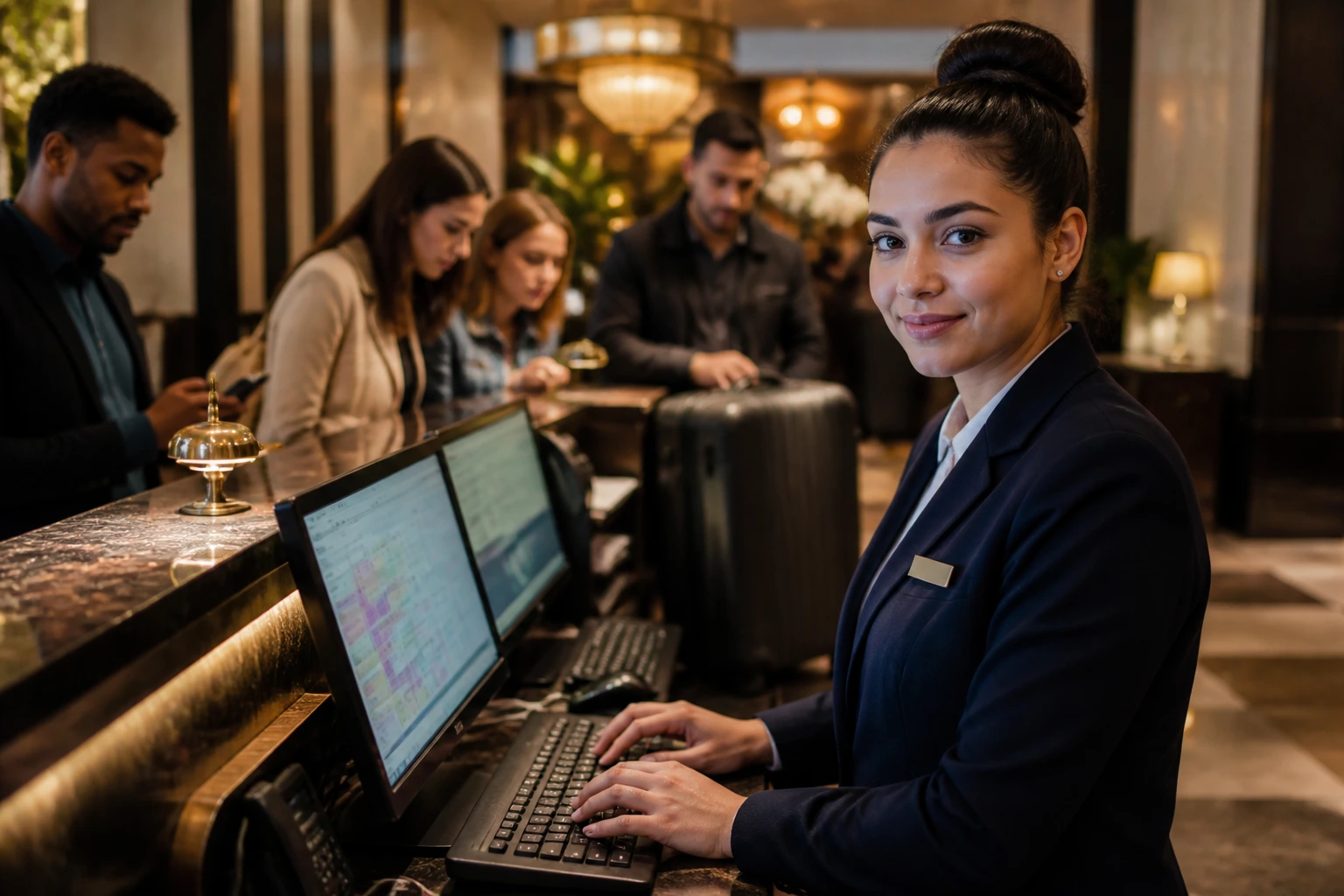Front desk agent actively checking in a guest at the hotel desk