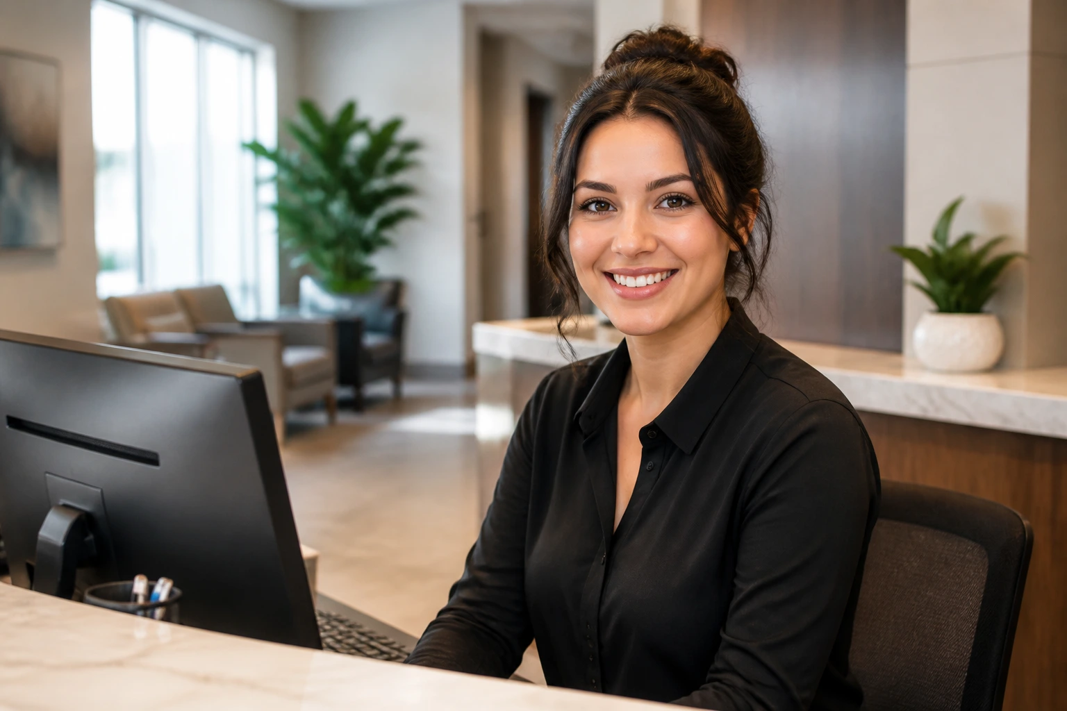 Medium close-up of a front desk receptionist starting strong in Canada with focus on hands and face