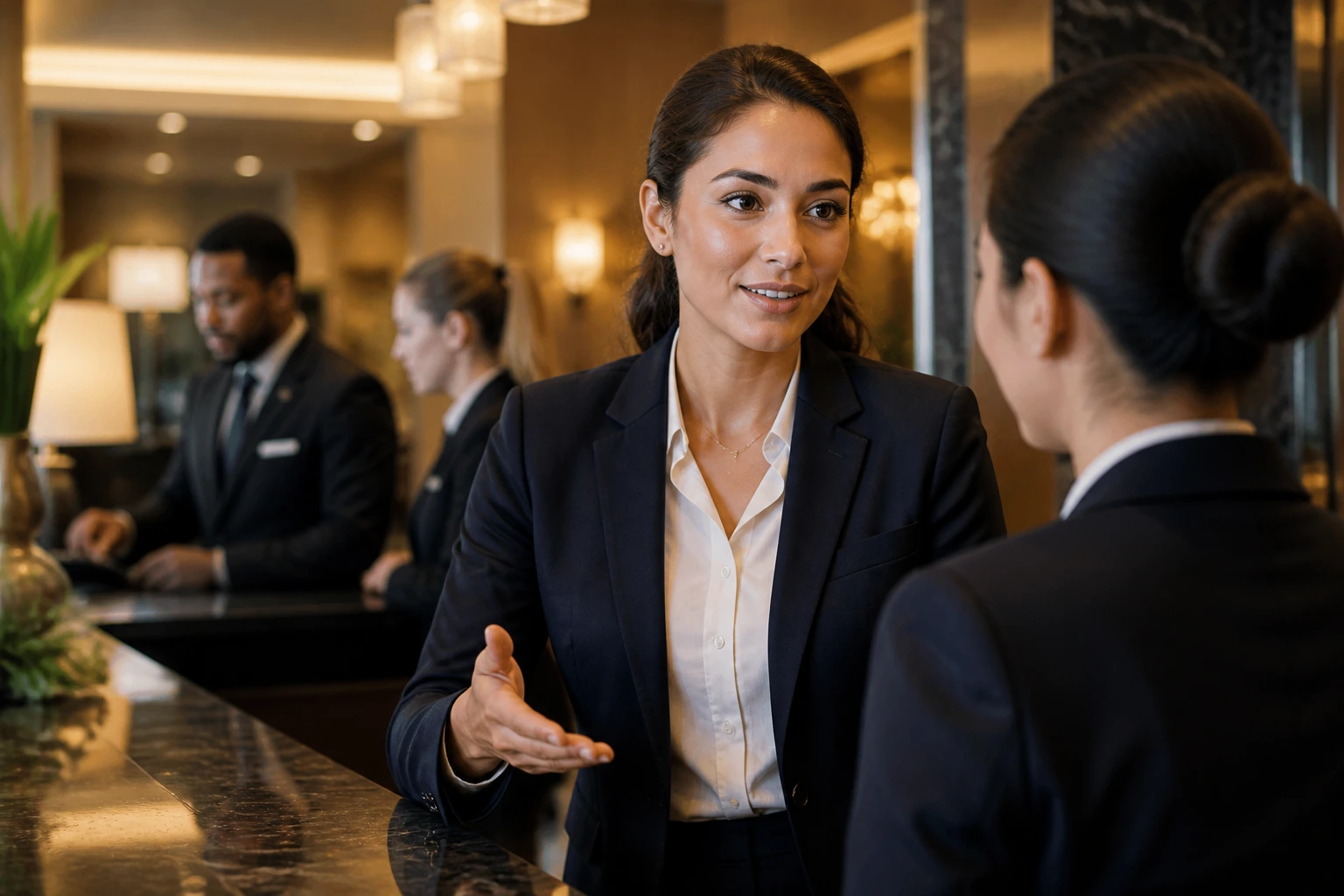 Front desk supervisor at a hotel lobby, illustrating career progression from the front desk