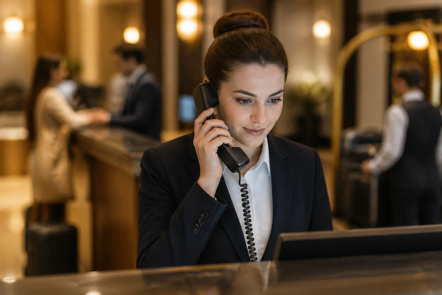 Close-up of a hotel front desk agent speaking on a phone with a calm expression, busy lobby in the background