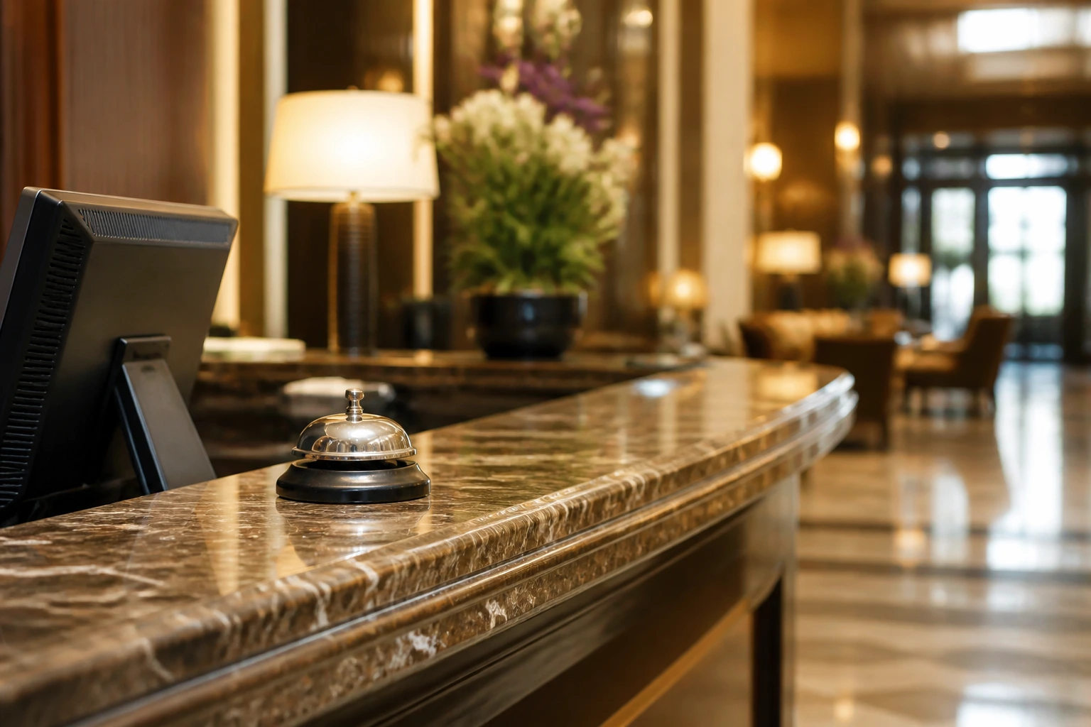 Close-up of a front desk counter in a hotel lobby