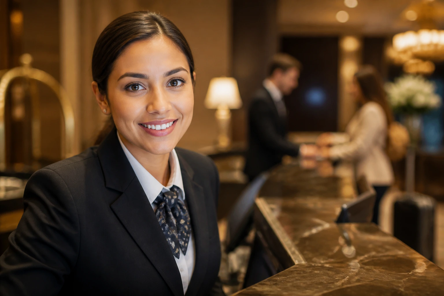 Portrait of a front desk professional at a hotel desk