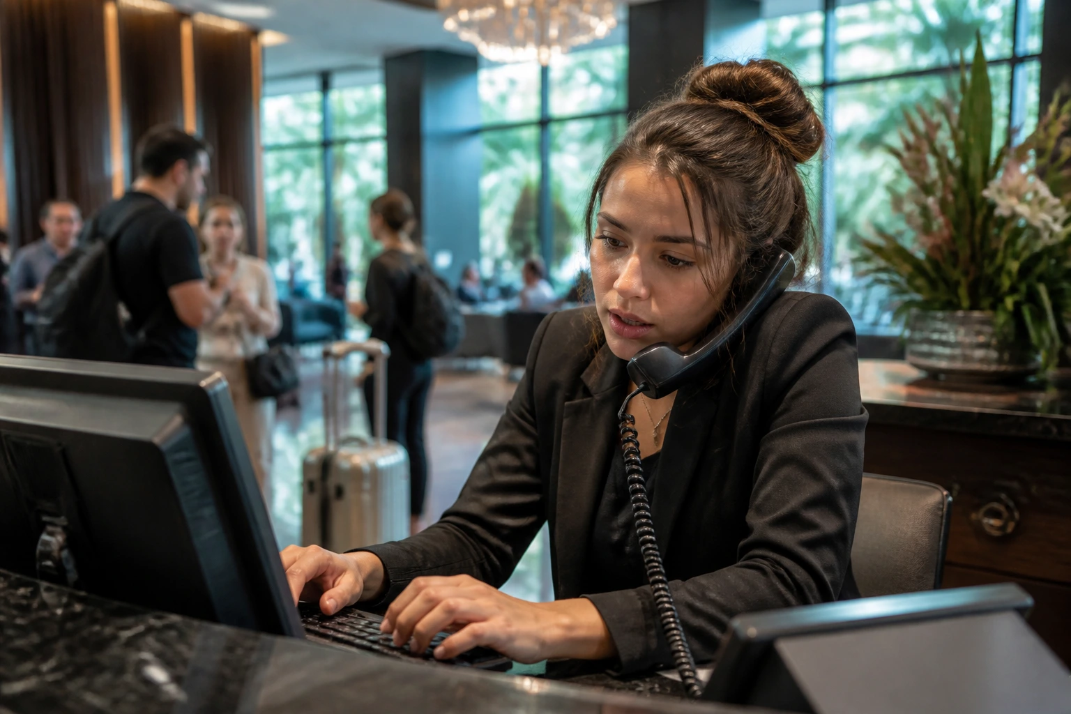 Receptionist at a busy Australian hotel front desk during first month