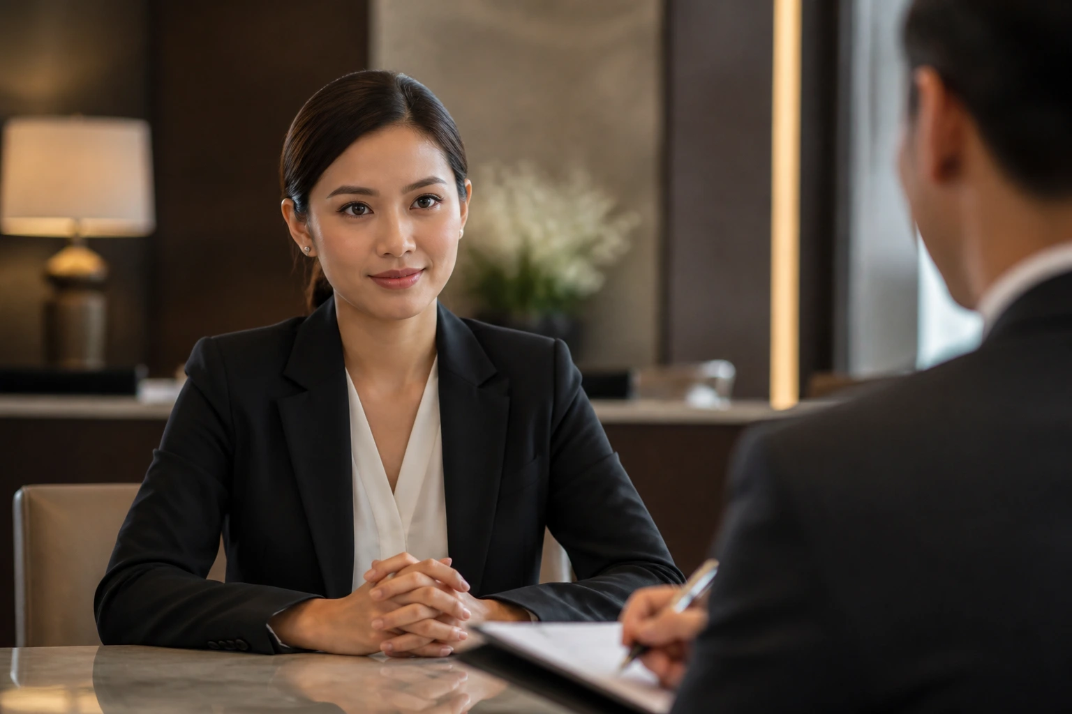 Hotel front desk candidate in an interview setting