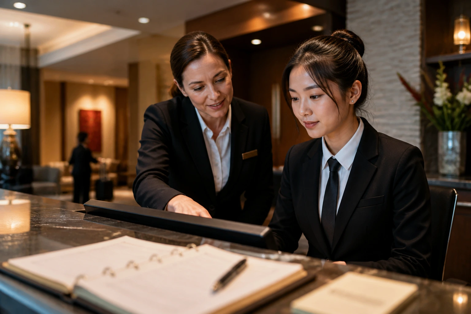 New front desk agent during onboarding in a Canadian hotel lobby