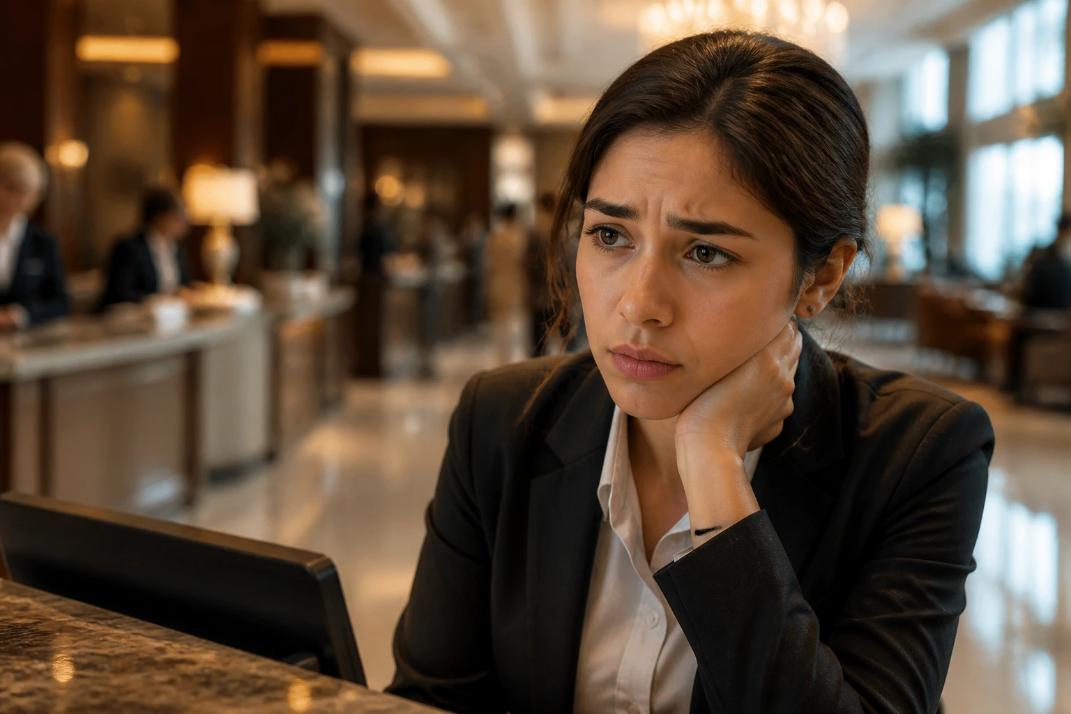 Close-up portrait of a hotel front desk receptionist in a busy lobby