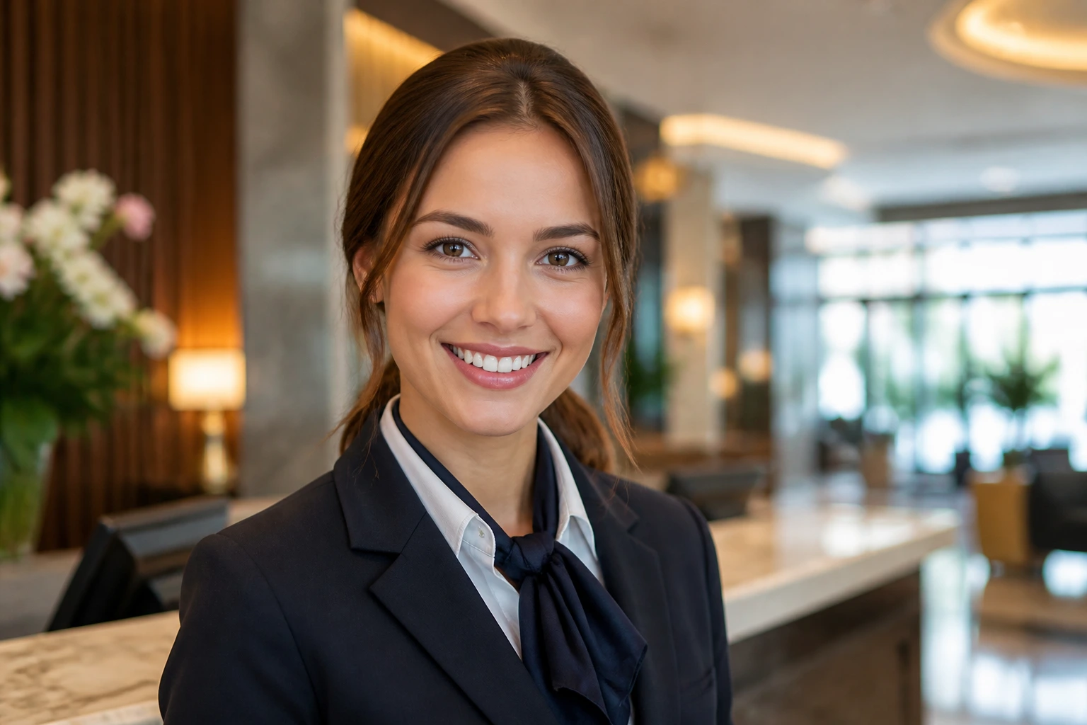 Front desk receptionist portrait at a hotel lobby