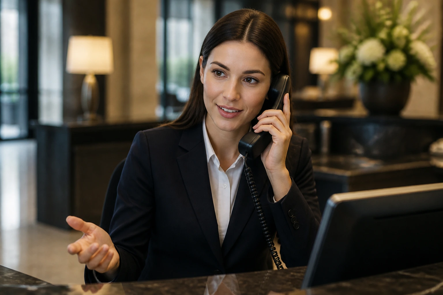 Front desk receptionist on phone in hotel lobby with calm, clear communication