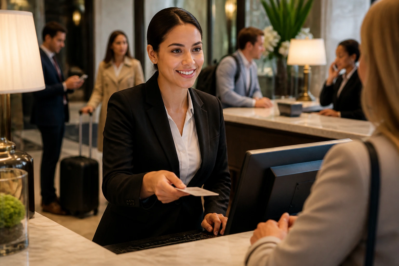 Close-up of a hotel front desk agent at the counter multitasking in a busy lobby