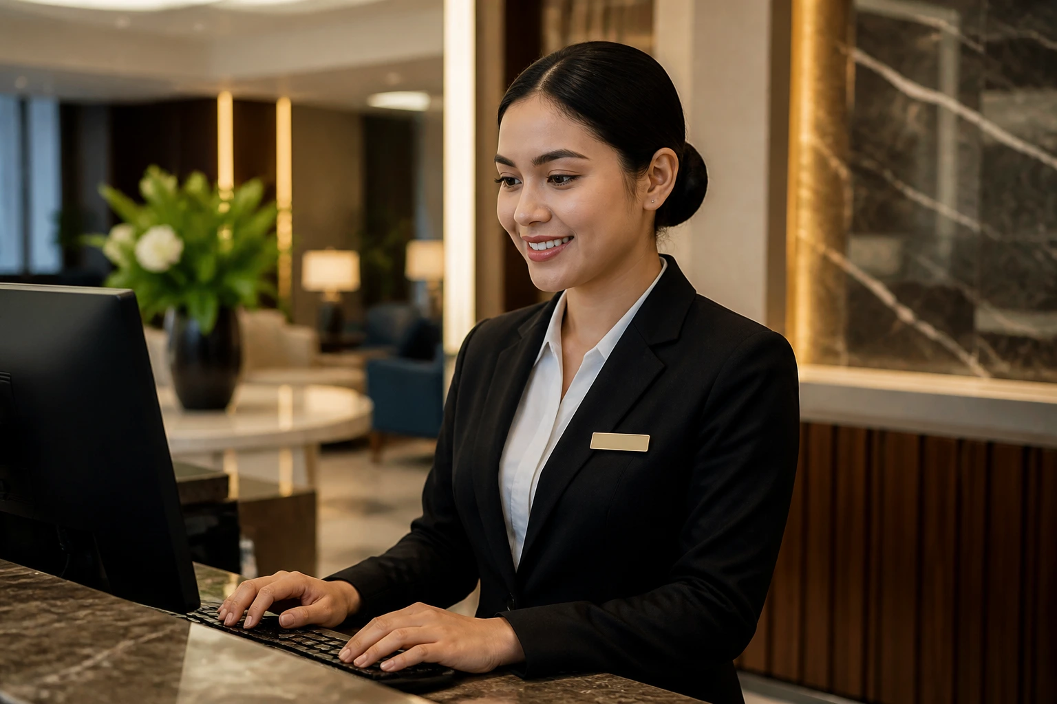 Front desk candidate demonstrating key hospitality skills at a desk