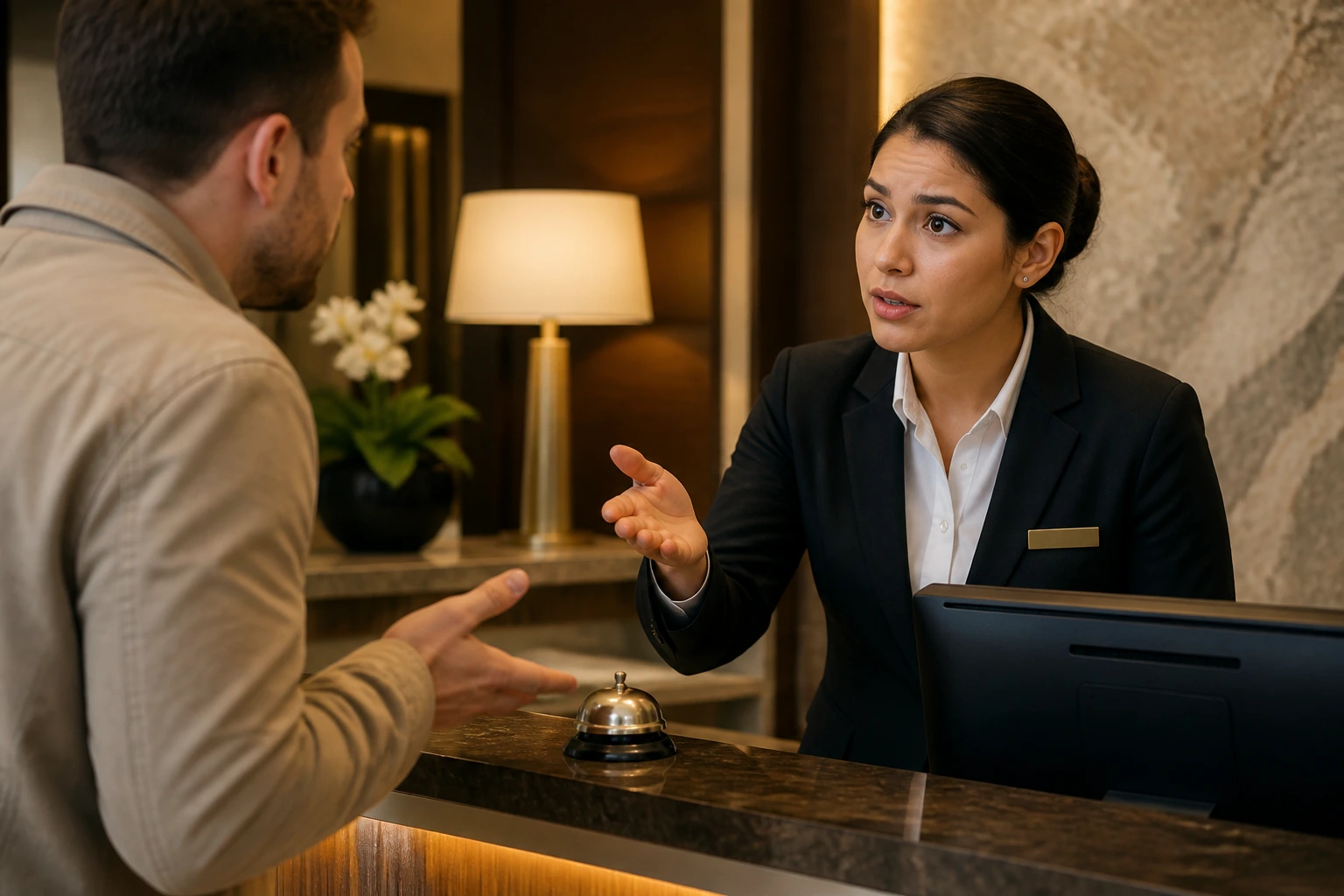 Front desk agent handling a tense guest at the hotel counter