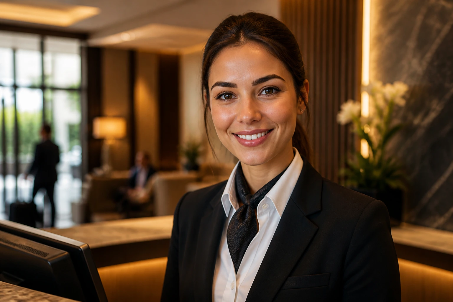 Front desk staff member at a hotel lobby desk in uniform