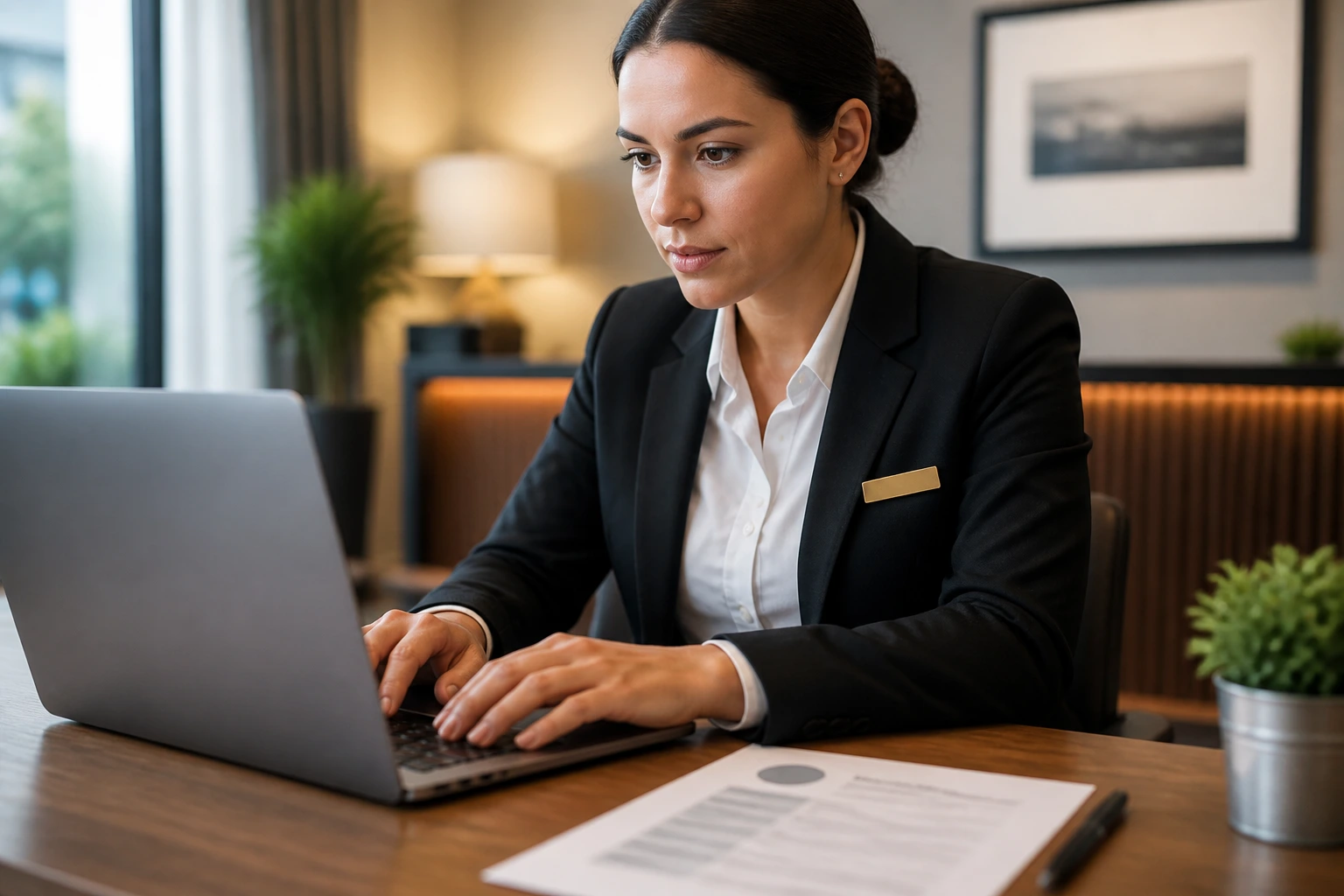 Hands typing on laptop with blurred resume on desk in a clean office