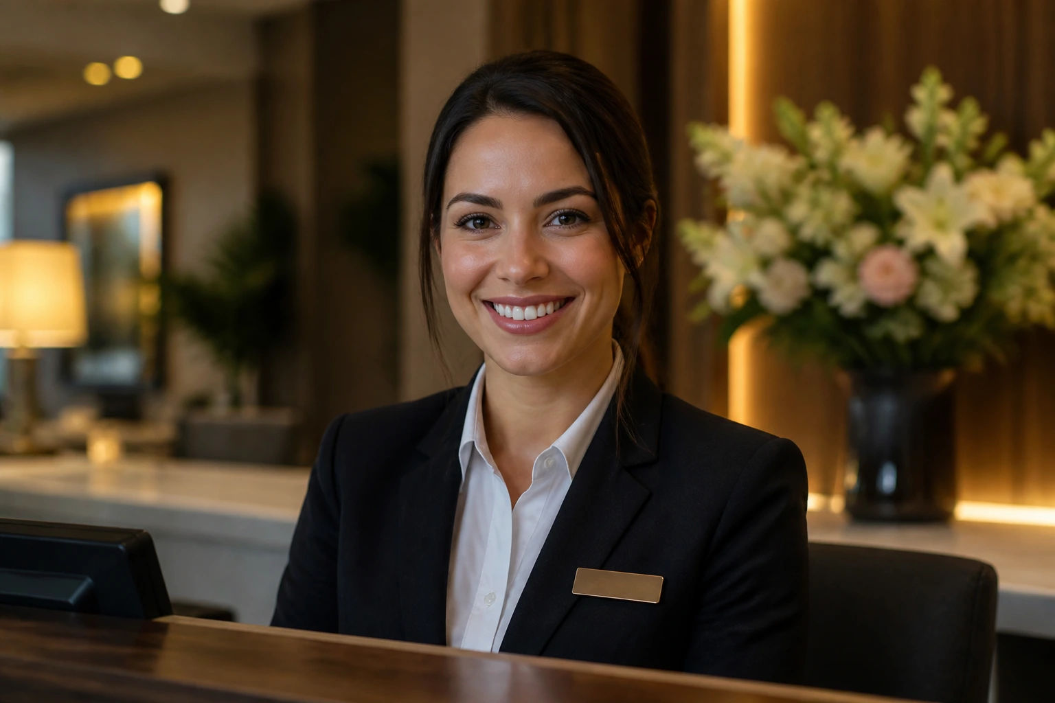 Front desk worker portrait at a hotel lobby