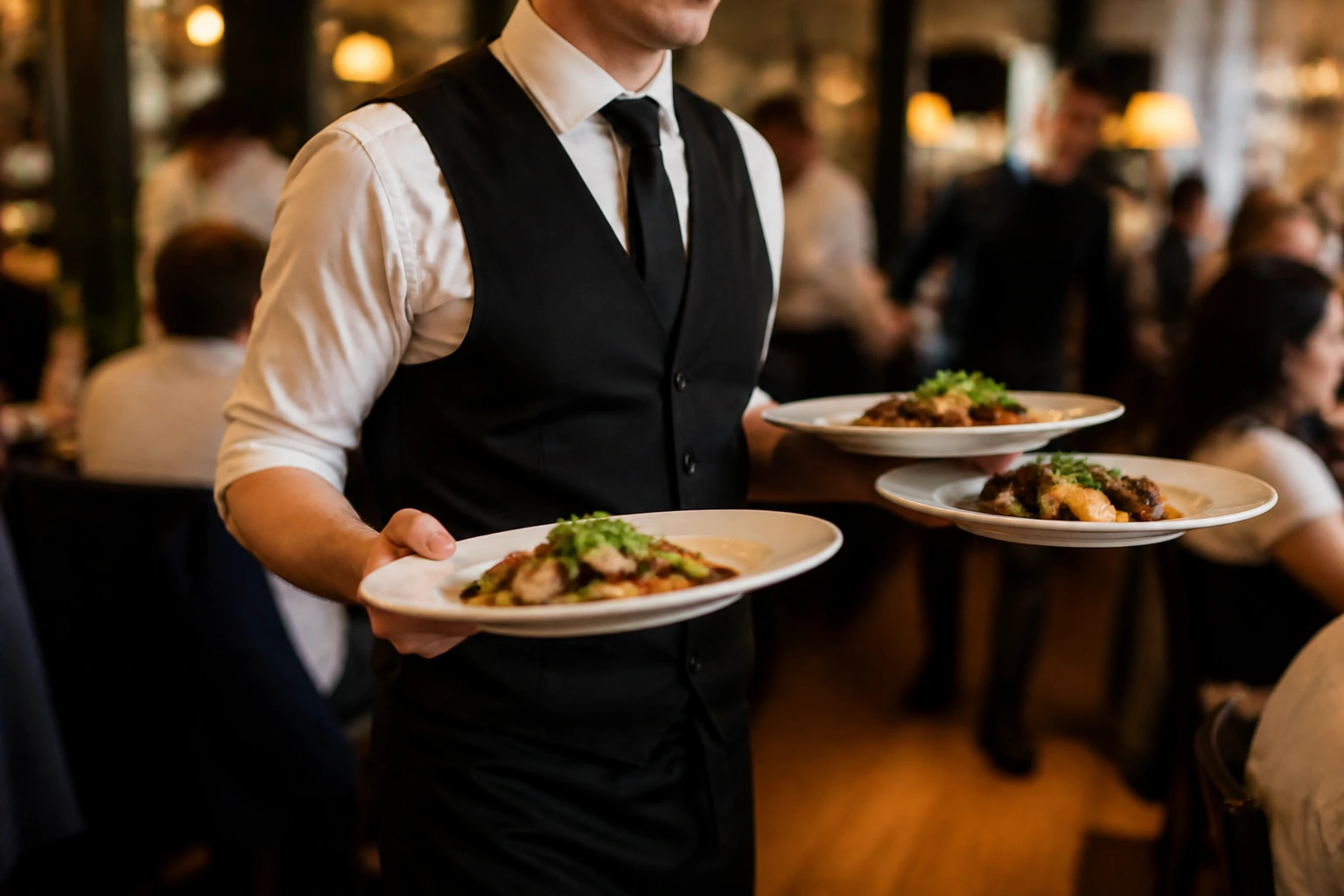 Waiter balancing plates in a busy dining room.