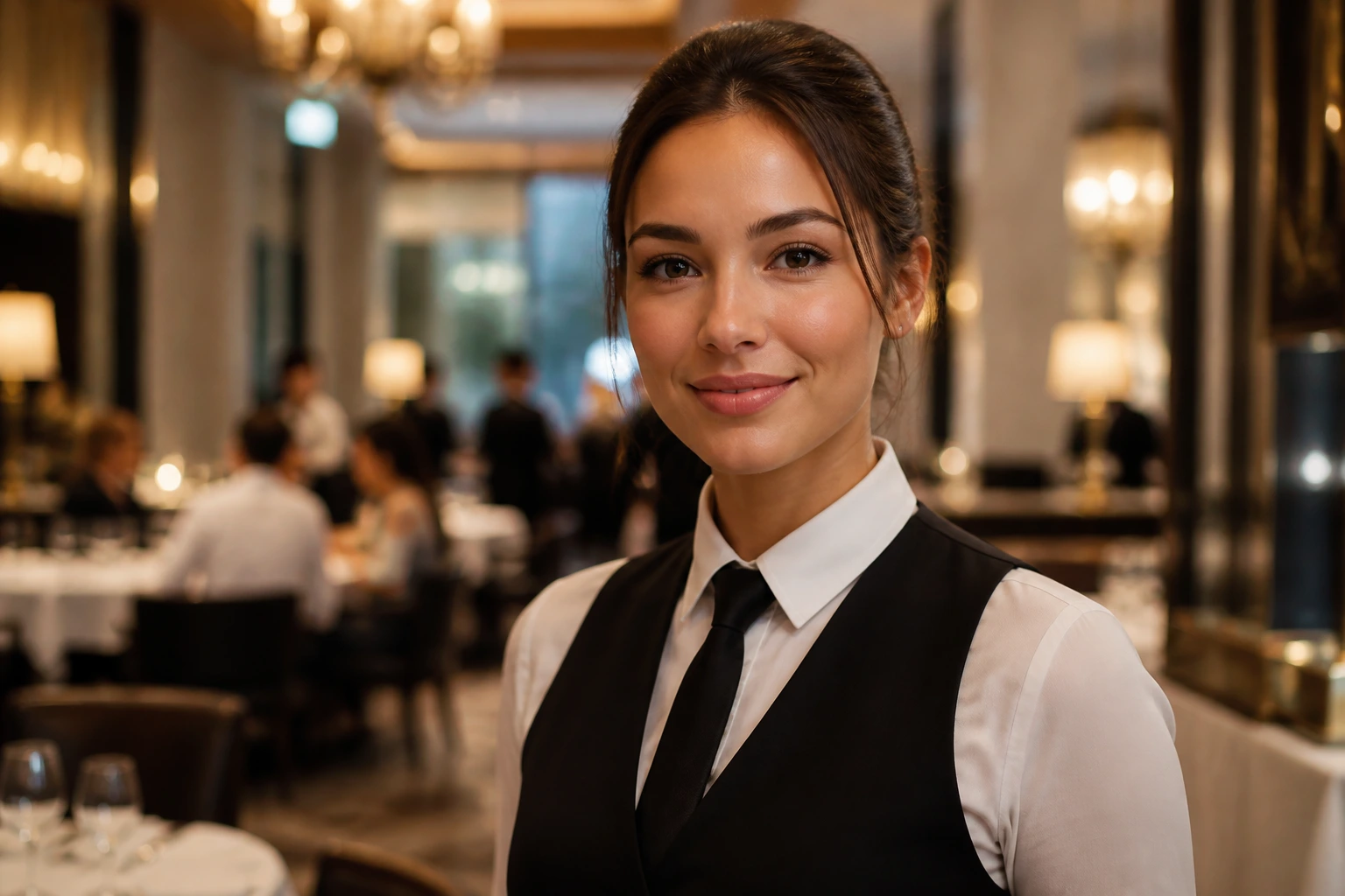 Portrait of a front-of-house staff member in a premium dining room