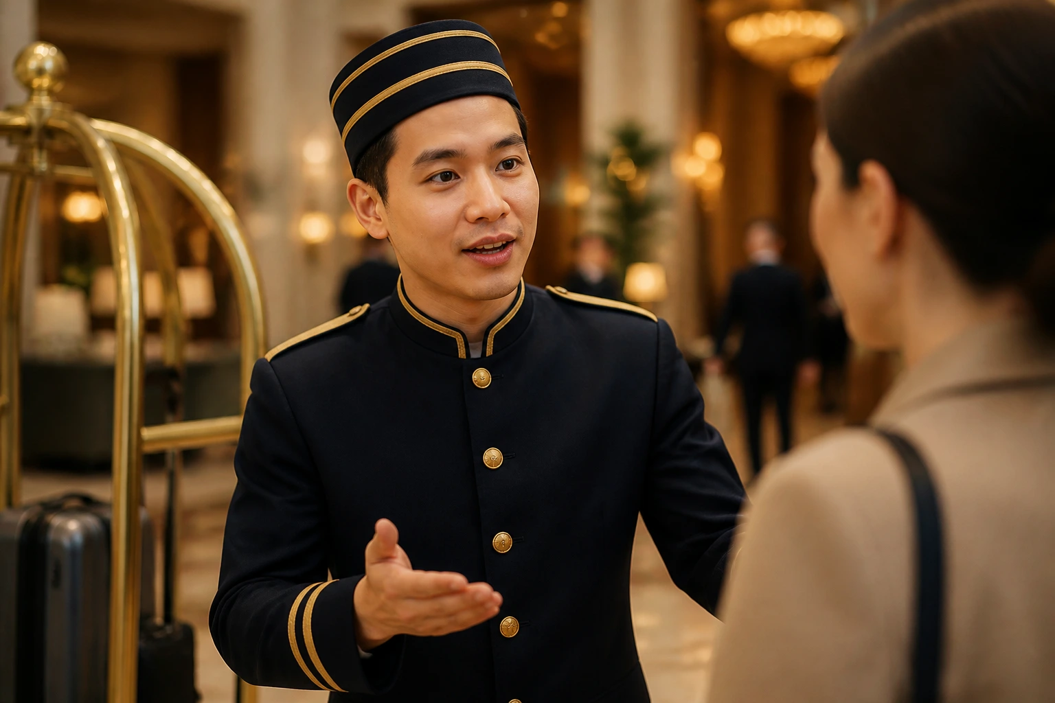 Bellhop delivering clear guest service communication in lobby