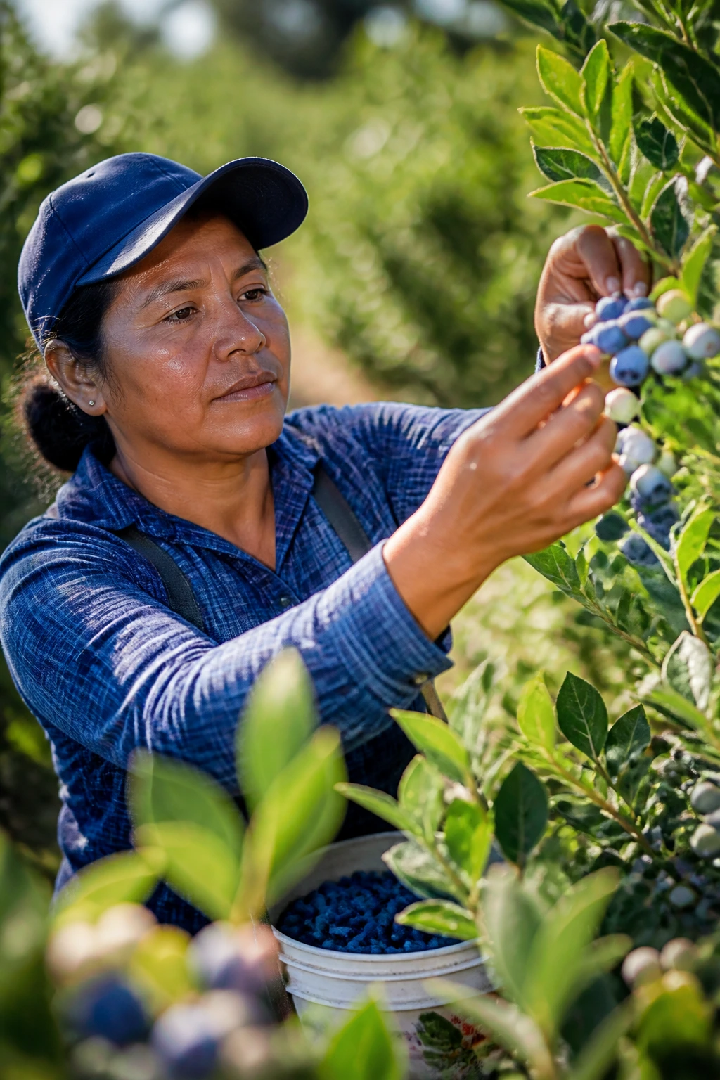 Portrait of a fruit picker reaching for berries in a bright Canadian orchard