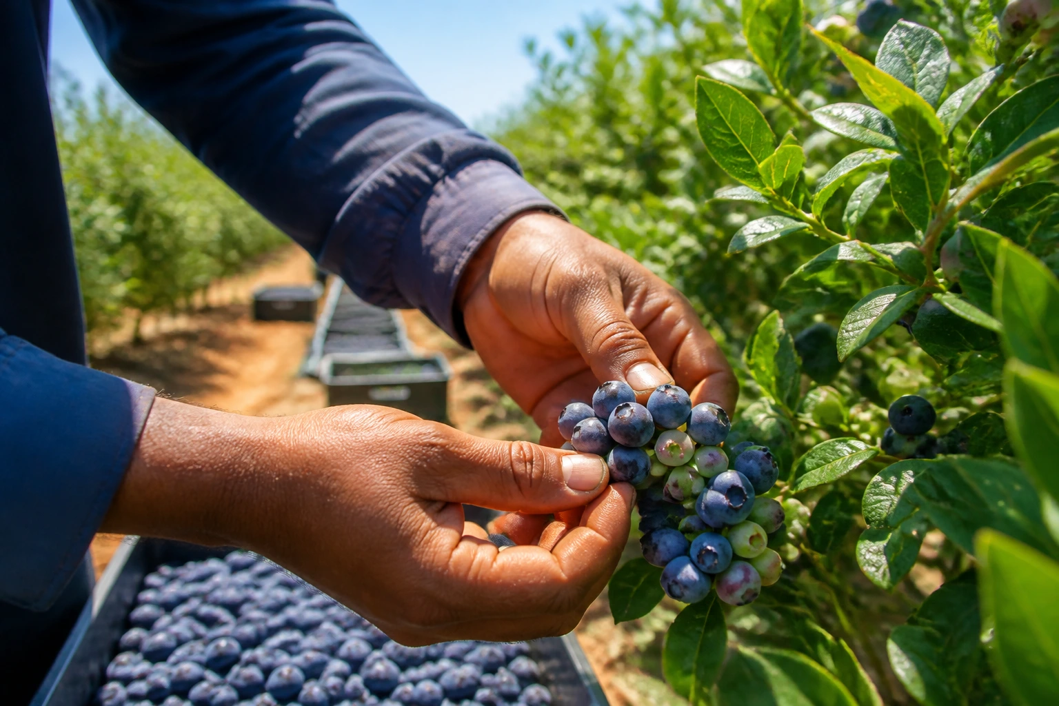 Close-up of berries being picked by farm worker hands in field