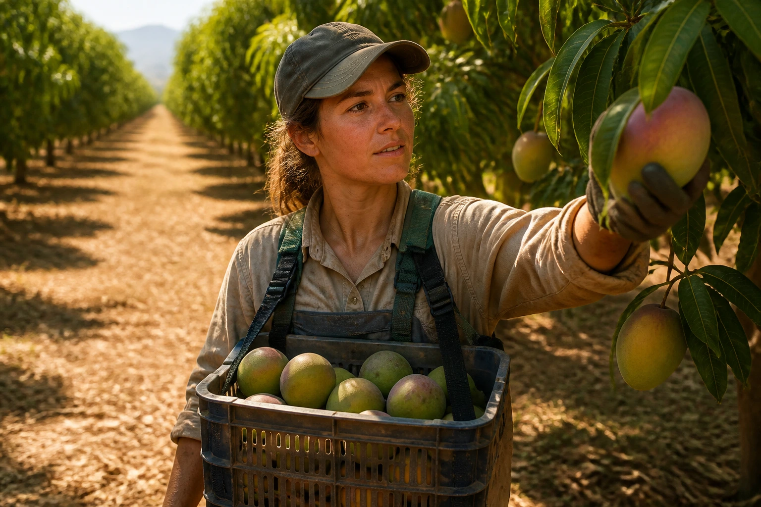 Portrait of a fruit picker in an Australian orchard during harvest