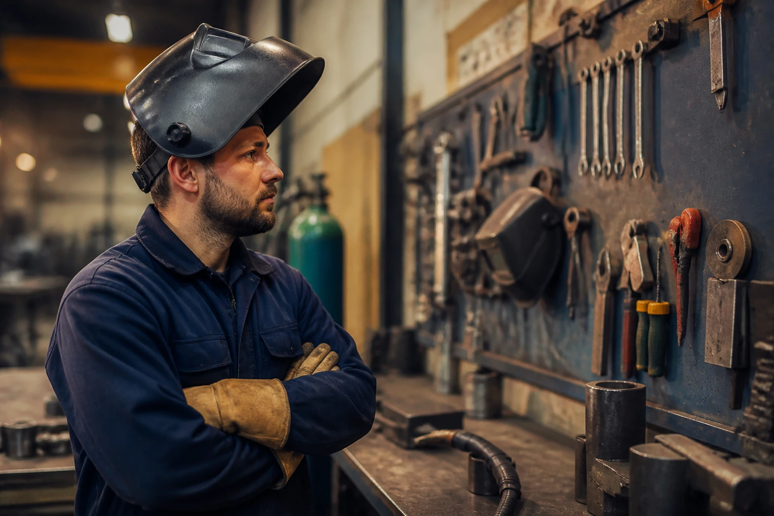 Welder in a shop examining tools on the wall