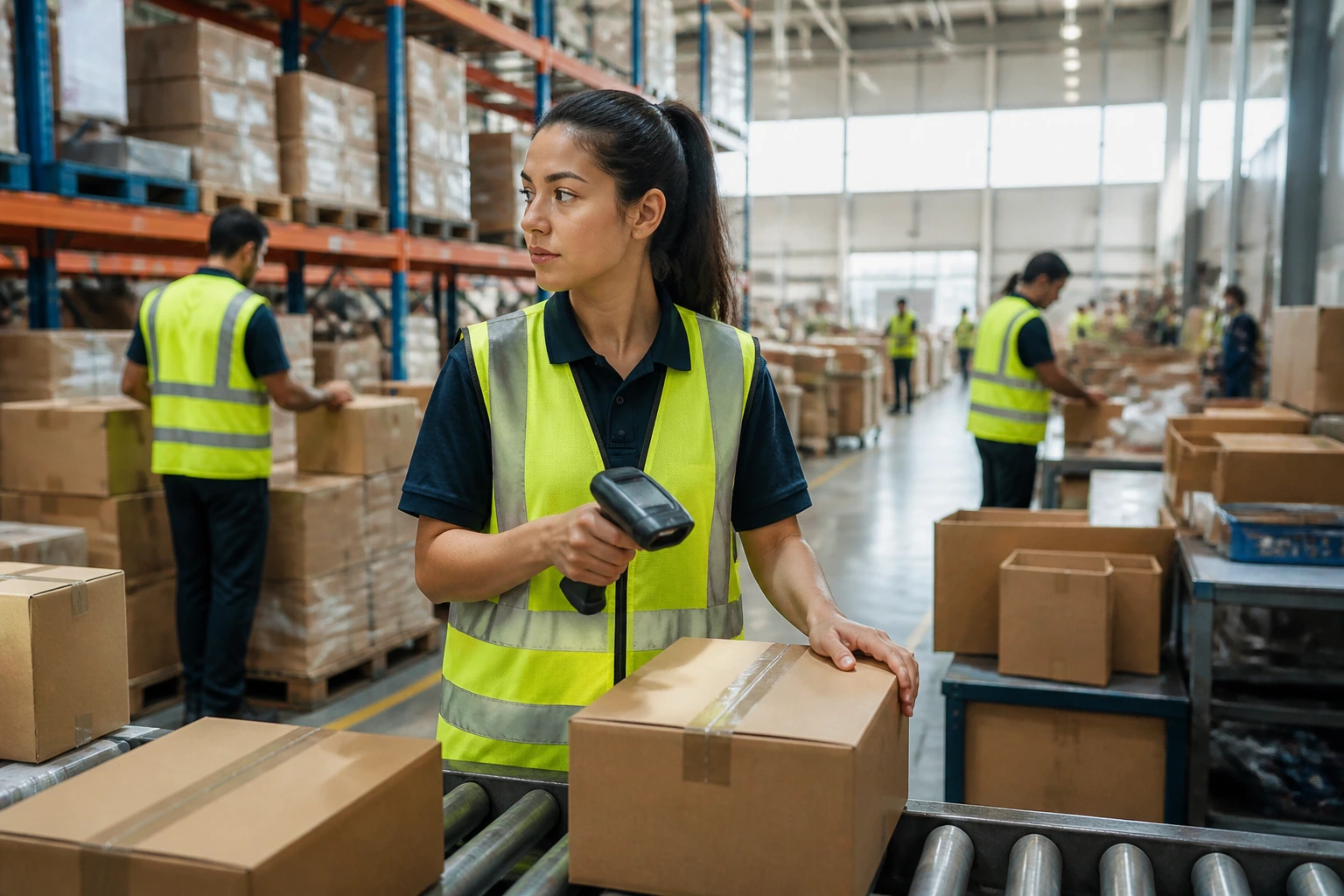 Portrait of a warehouse worker in hi-visibility gear with an RF scanner during a shift