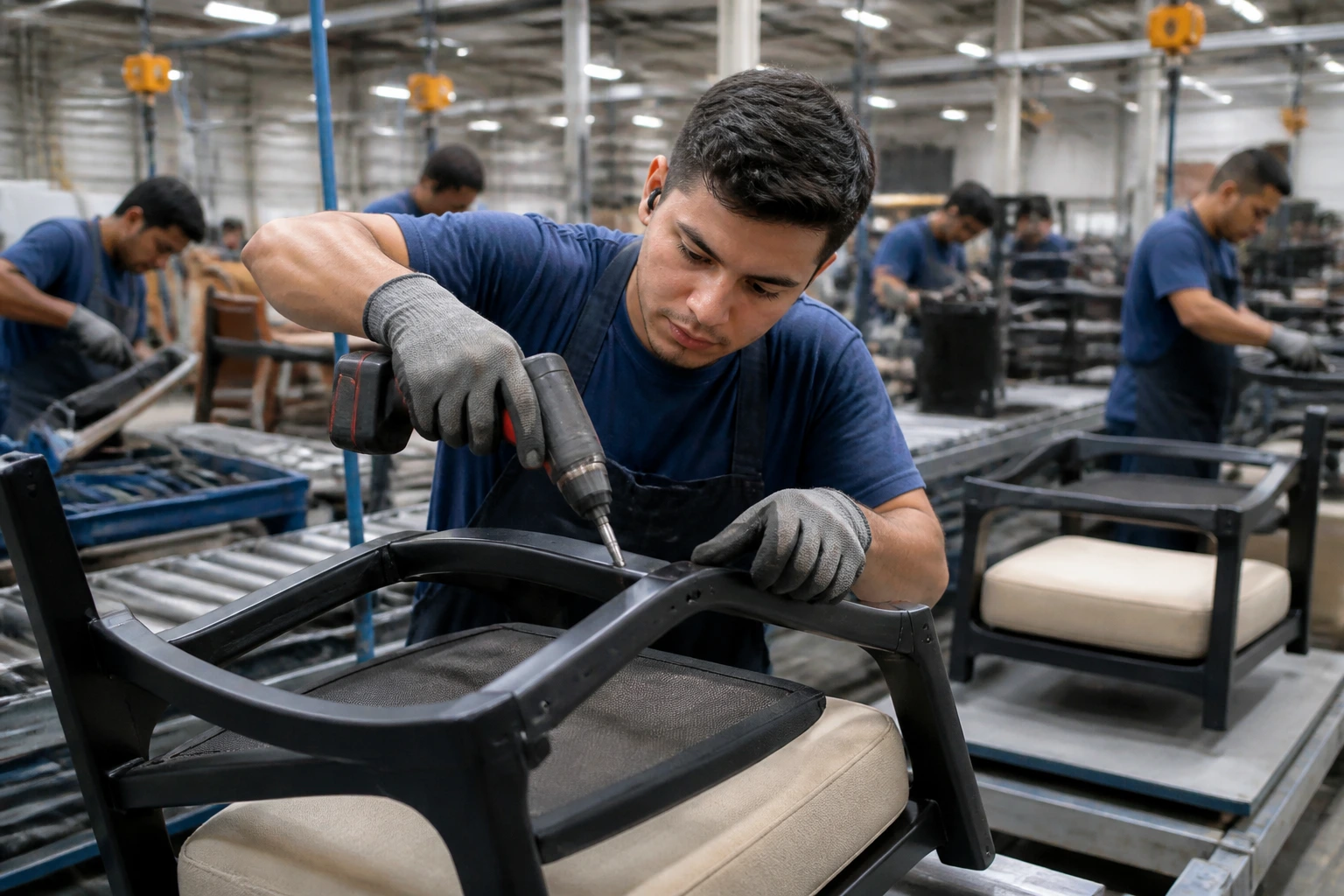 Close-up of a furniture assembler at a factory line assembling a chair frame