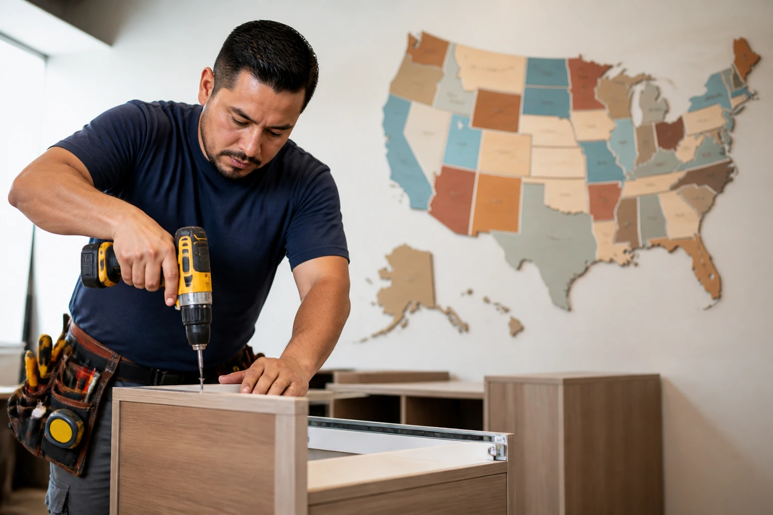 Portrait of a furniture installer on a job site with an abstract map backdrop.