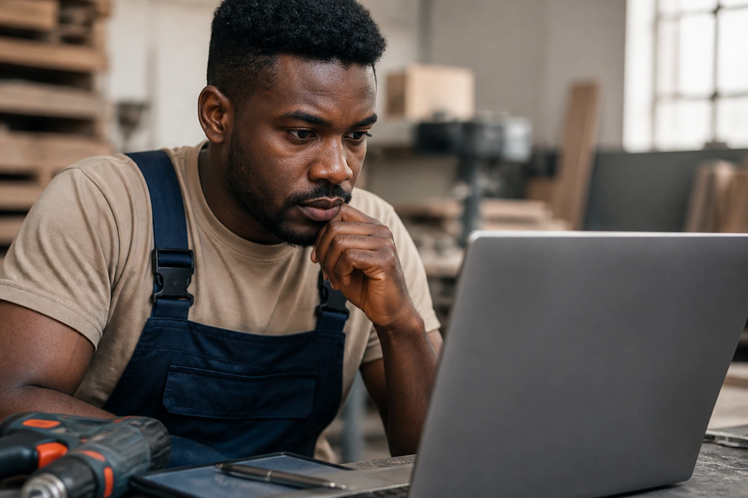 Portrait of worker examining job search on laptop in workshop