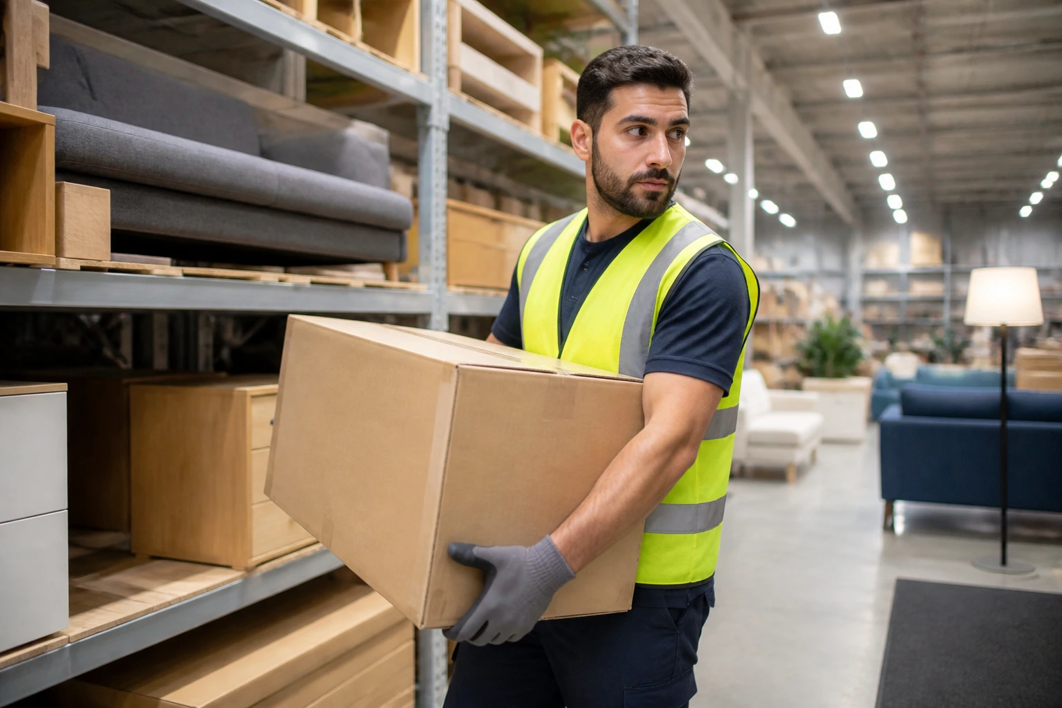Warehouse worker in hi-vis gear carrying a box in a furniture warehouse
