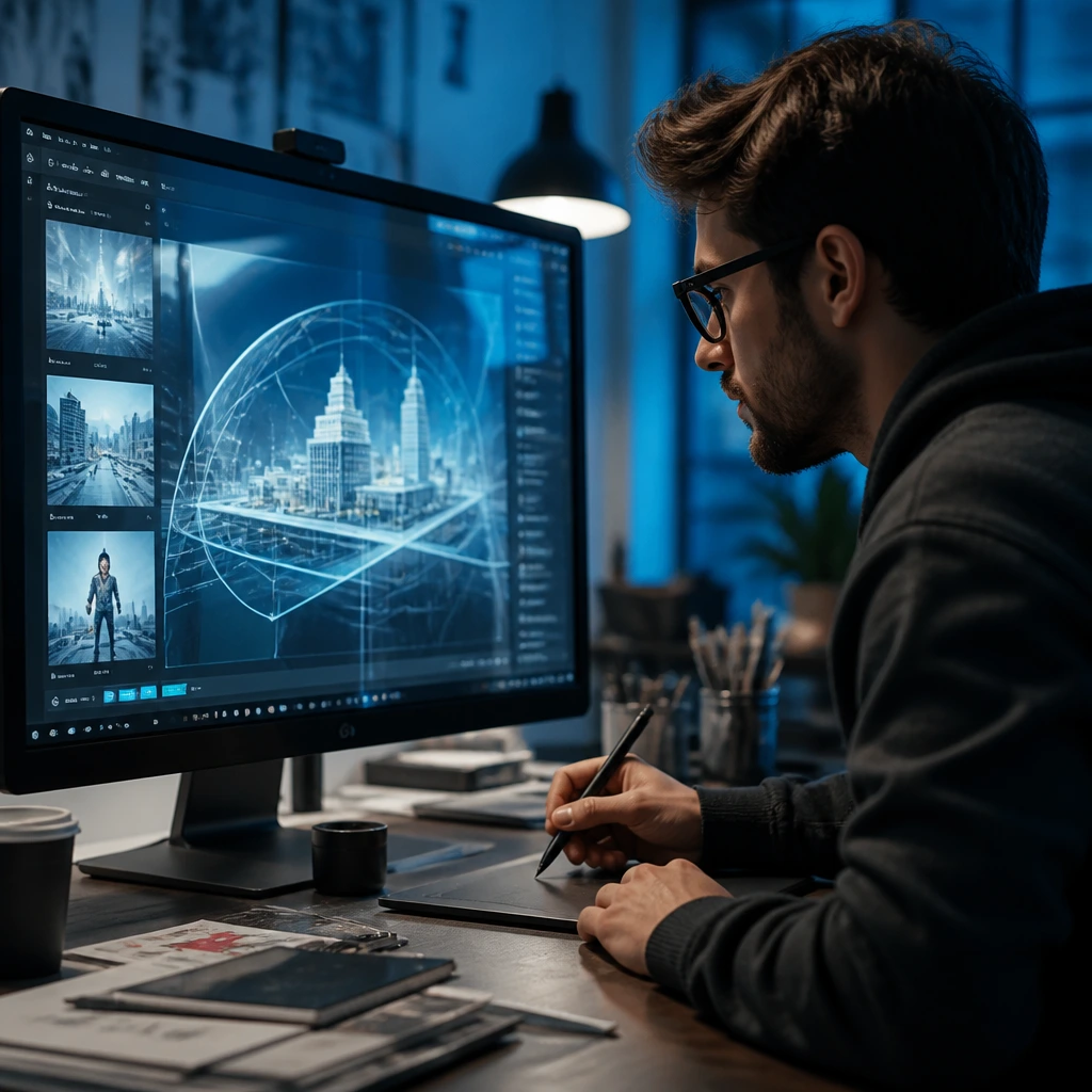 Designer viewing futuristic AR interface in a modern studio